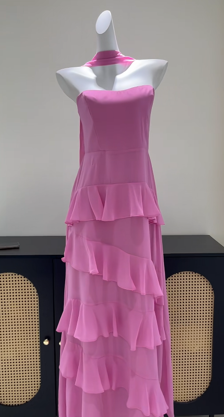 Robe de Soirée Chic Rose pour Invitée de Mariage, Fourreau sans Bretelles en Mousseline Longue DP06033