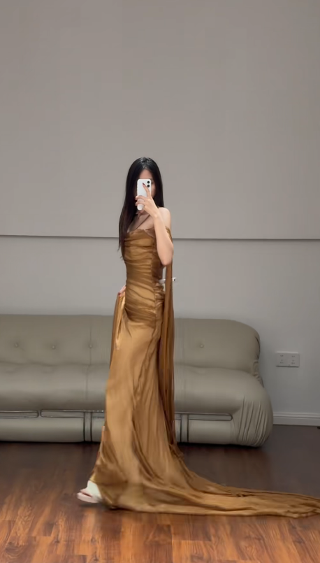 Chic Gold Wedding Guest Dress One-shouler Sheath Chiffon Long Evening Dress DP06034