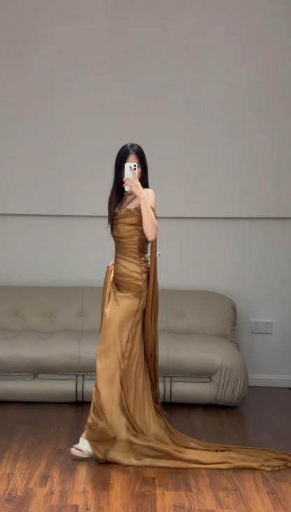 Chic Gold Wedding Guest Dress One-shouler Sheath Chiffon Long Evening Dress DP06034