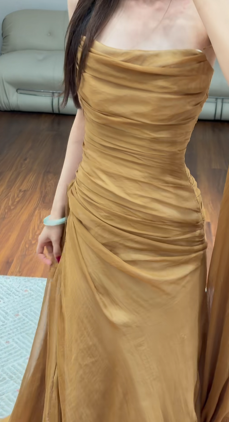 Chic Gold Wedding Guest Dress One-shouler Sheath Chiffon Long Evening Dress DP06034