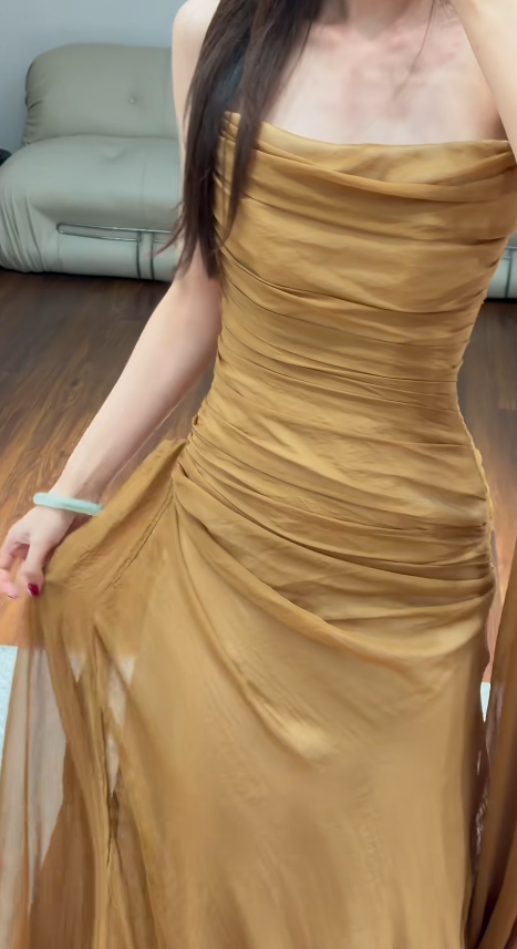 Chic Gold Wedding Guest Dress One-shouler Sheath Chiffon Long Evening Dress DP06034