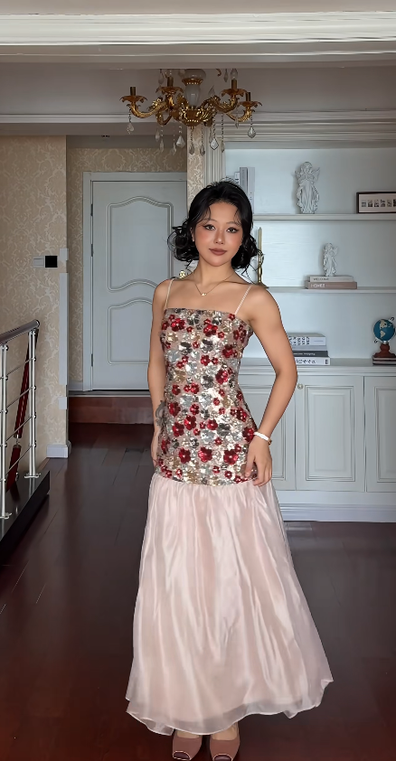 Chic Pink Straps Sheath Beaded Chiffon Long Evening Dress DP06039