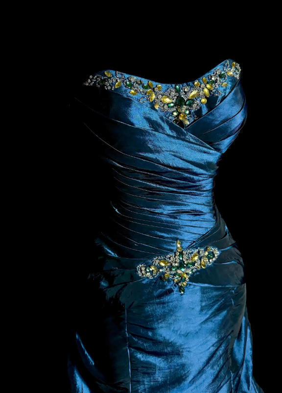 Chic Blue Prom Dress Satin A-Line Strapless Long Evening Dress DP06040