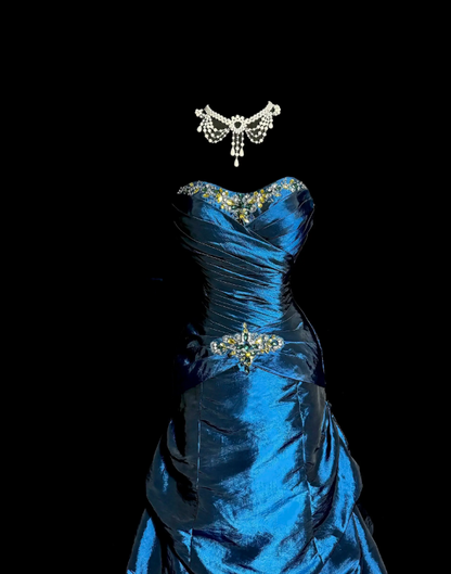 Chic Blue Prom Dress Satin A-Line Strapless Long Evening Dress DP06040
