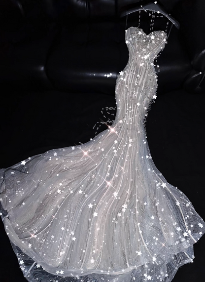 Gorgeous Silver Prom Dress Sweetheart Mermaid Tulle Long Evening Dress DP06042