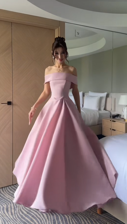 Gorgeous Pink Prom Dress Off-shoulder A-Line Satin Long Evening Dress DP06046