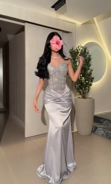 Chic Silver Prom Dress Spaghetti Straps Sheath Beaded Satin Long Evening Dress DP06048