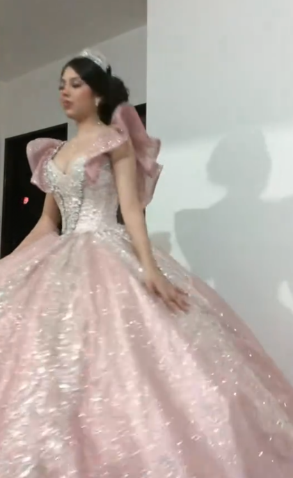 Gorgeous V-neck Ball Gown Tulle Quinceanera Dress Applique Pink Sweet 16 Dress DP06049