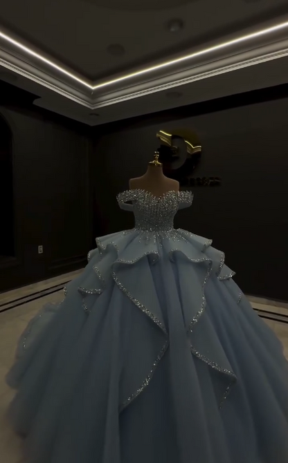 Gorgeous Off-shoulder Ball Gown Tulle Quinceanera Dress Blue Sweet 16 Dress DP06050