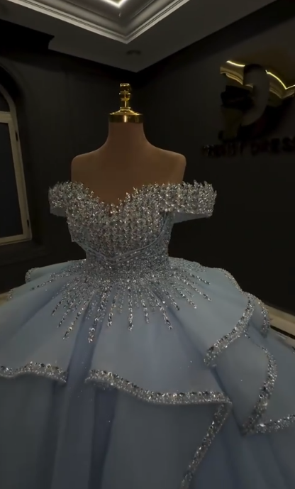 Gorgeous Off-shoulder Ball Gown Tulle Quinceanera Dress Blue Sweet 16 Dress DP06050