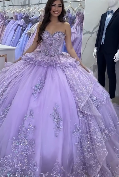 Gorgeous Off-shoulder Ball Gown Tulle Applique Quinceanera Dress Lavender Sweet 16 Dress DP06052