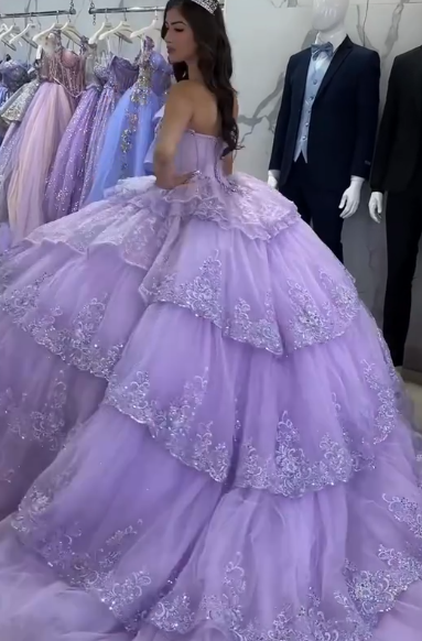 Gorgeous Off-shoulder Ball Gown Tulle Applique Quinceanera Dress Lavender Sweet 16 Dress DP06052