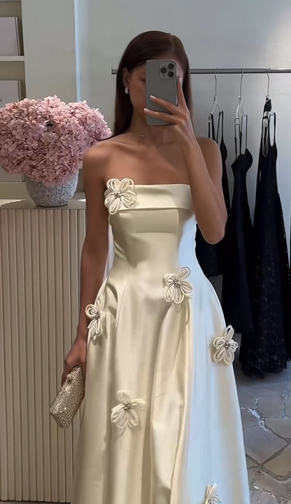 Modest Strapless White Wedding Dress Satin Bridal Dress A-Line Bridal Gown DP06055