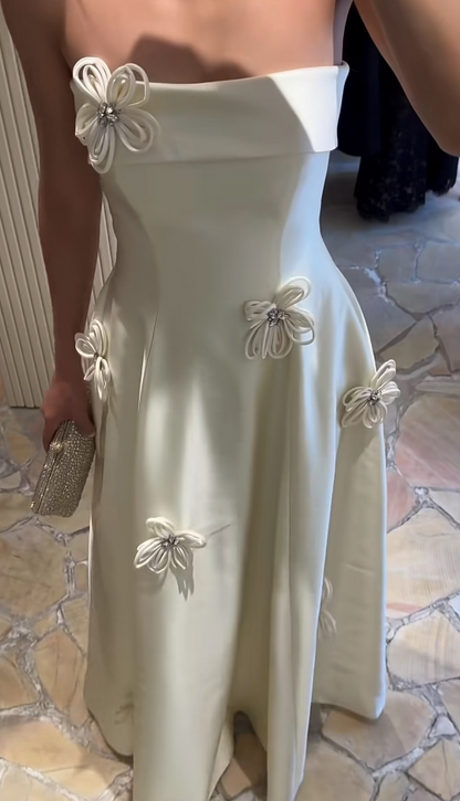 Modest Strapless White Wedding Dress Satin Bridal Dress A-Line Bridal Gown DP06055