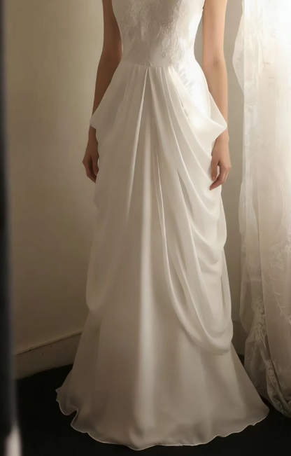 Modest V-neck White Wedding Dress Lace Satin Bridal Dress Sheath Bridal Gown DP06057