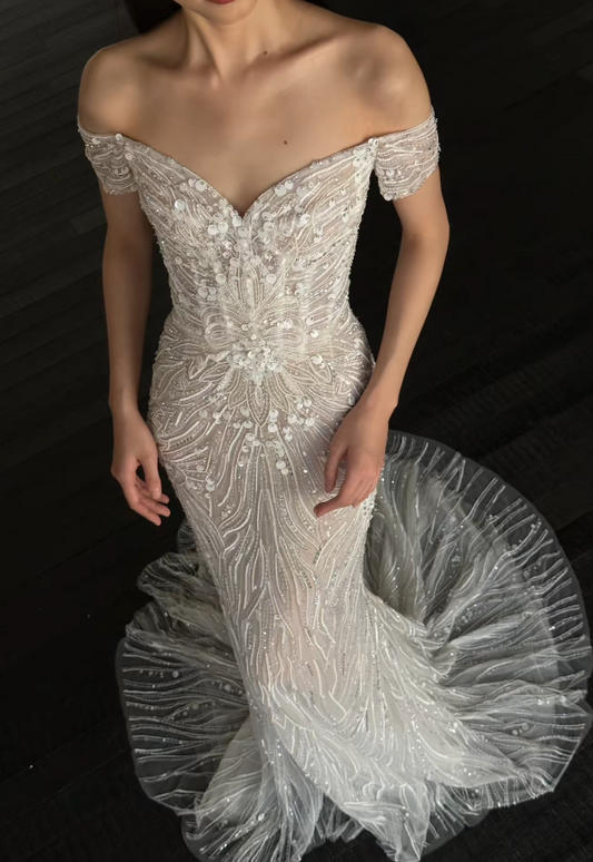 Modest Off-shoulder Wedding Dress Tulle Bridal Dress Mermaid Bridal Gown DP06060