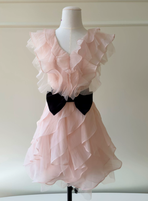 Chic Pink Birthday Dress V-neck Hoco Dress A-Line Chiffon Graduation Party Dress DP06071