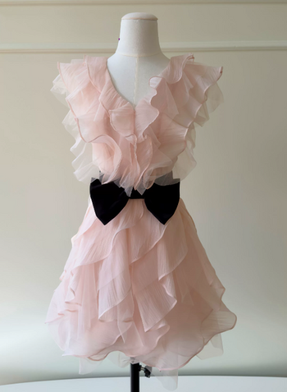 Chic Pink Birthday Dress V-neck Hoco Dress A-Line Chiffon Graduation Party Dress DP06071