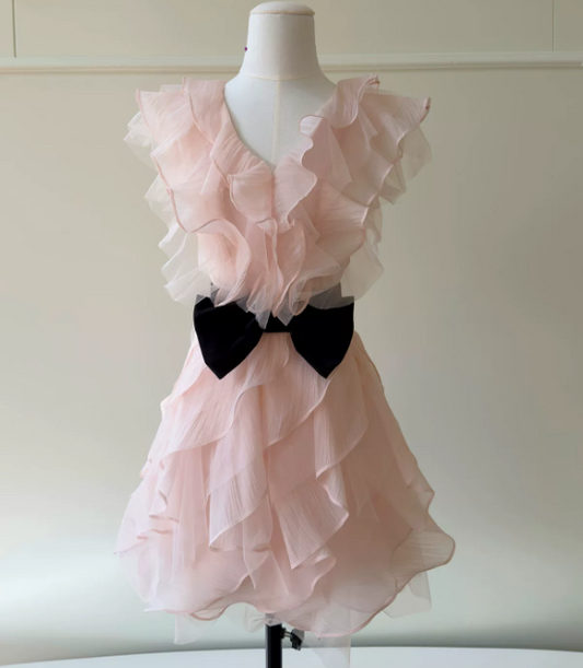 Chic Pink Birthday Dress V-neck Hoco Dress A-Line Chiffon Graduation Party Dress DP06071