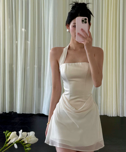 Chic White Birthday Dress Halter Hoco Dress Sheath Satin Graduation Party Dress DP06073