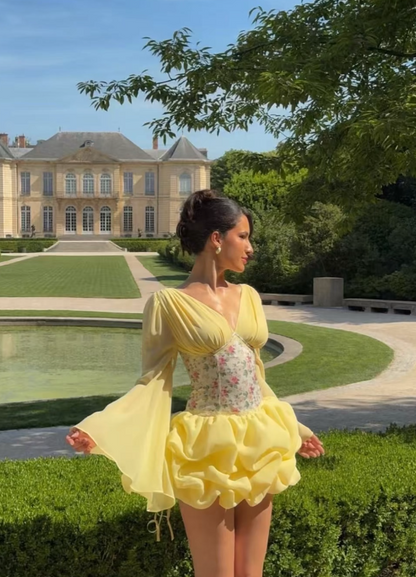 Chic Yellow Birthday Dress V-neck Hoco Dress A-Line Chiffon Graduation Party Dress DP06076