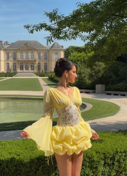 Chic Yellow Birthday Dress V-neck Hoco Dress A-Line Chiffon Graduation Party Dress DP06076