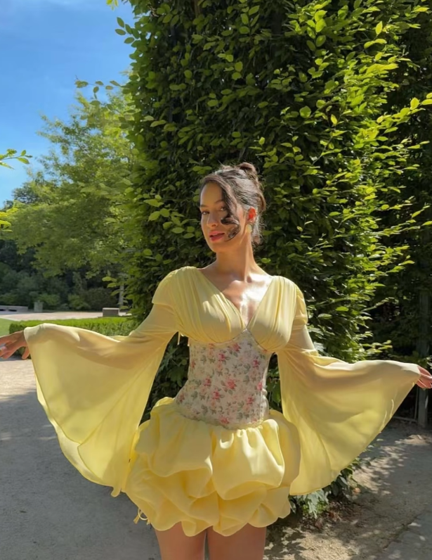 Chic Yellow Birthday Dress V-neck Hoco Dress A-Line Chiffon Graduation Party Dress DP06076