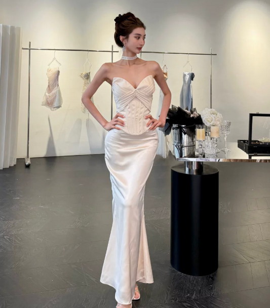 Longue robe de soirée blanche chic, fourreau bustier, robe de bal, robe de soirée en satin DP06081