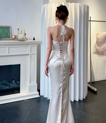 Chic White Long Evening Dress Sweetheart Sheath  Prom Dress Satin Formal Dress DP06081