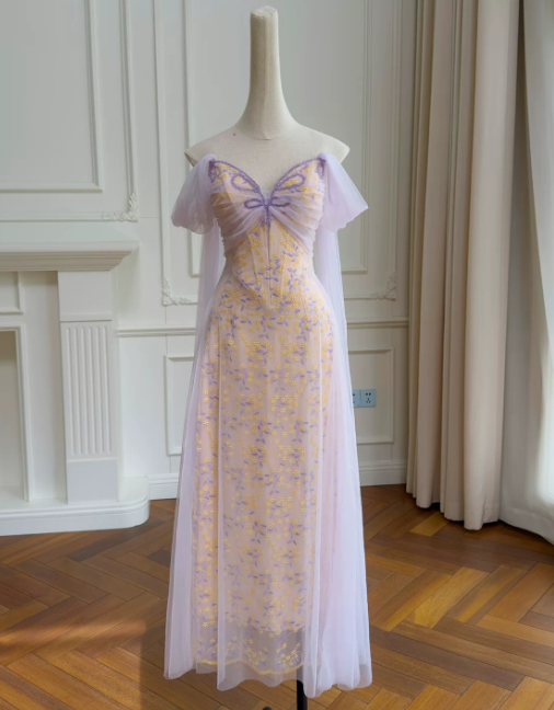 Chic Off-shoulder Sheath Long Evening Dress Tulle Light Purple Prom Dress DP06085
