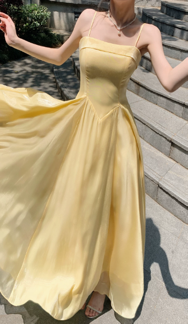 Chic Spaghetti Straps A-Line Long Evening Dress Chiffon Yellow Prom Dress  DP06087
