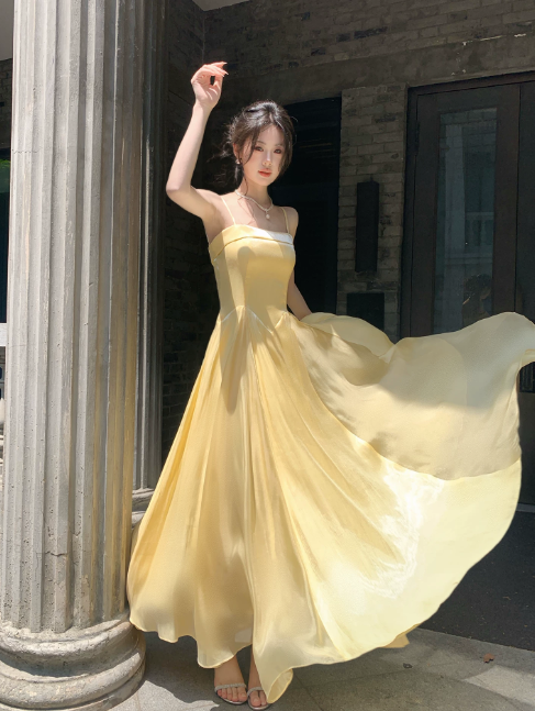 Chic Spaghetti Straps A-Line Long Evening Dress Chiffon Yellow Prom Dress  DP06087