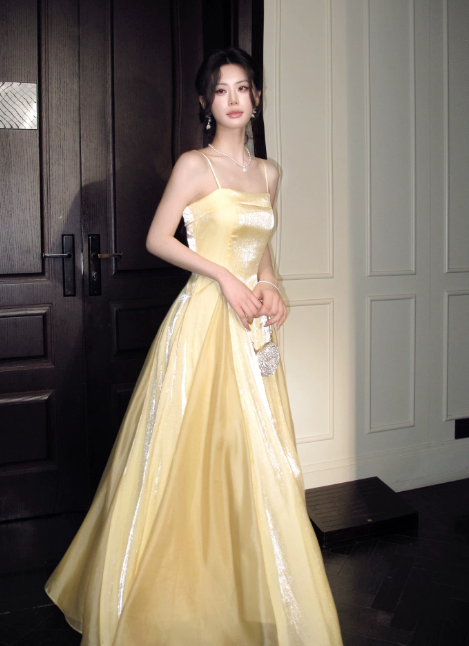Chic Spaghetti Straps A-Line Long Evening Dress Chiffon Yellow Prom Dress  DP06087