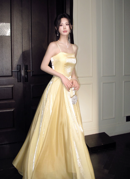 Chic Spaghetti Straps A-Line Long Evening Dress Chiffon Yellow Prom Dress  DP06087