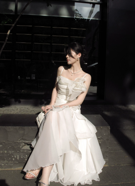 Cute Spaghetti Straps A-Line Long Evening Dress Chiffon White Prom Dress  DP06088