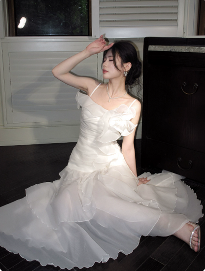 Cute Spaghetti Straps A-Line Long Evening Dress Chiffon White Prom Dress  DP06088