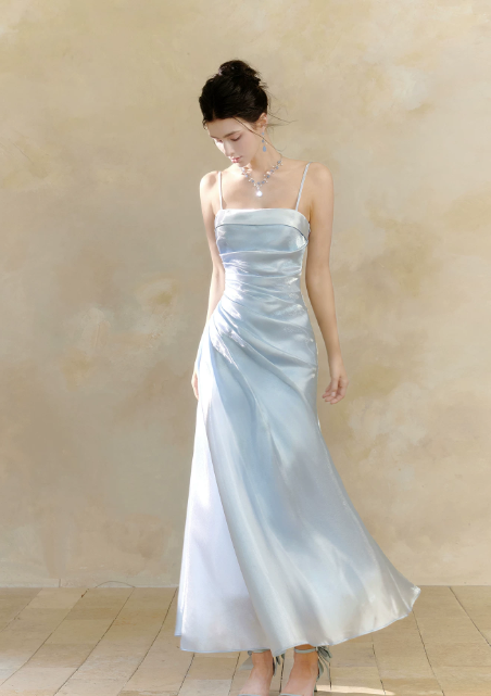 Cute Spaghetti Straps Sheath Long Evening Dress Chiffon Blue Prom Dress  DP06089