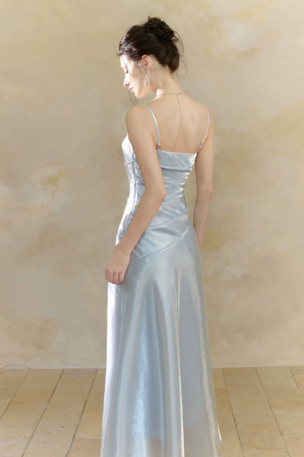 Cute Spaghetti Straps Sheath Long Evening Dress Chiffon Blue Prom Dress  DP06089