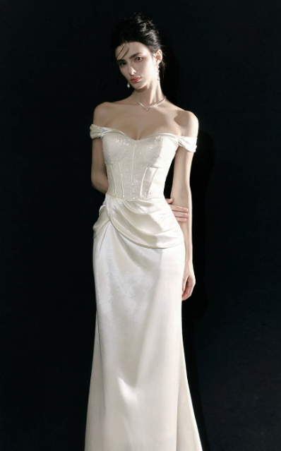 Cute Off-shoulder Sheath Long Evening Dress Satin White Prom Dress DP06090