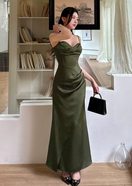 Cute Spaghetti Straps Sheath Long Evening Dress Satin Green Prom Dress DP06091