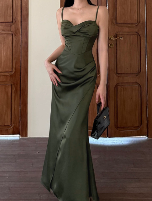 Cute Spaghetti Straps Sheath Long Evening Dress Satin Green Prom Dress DP06091