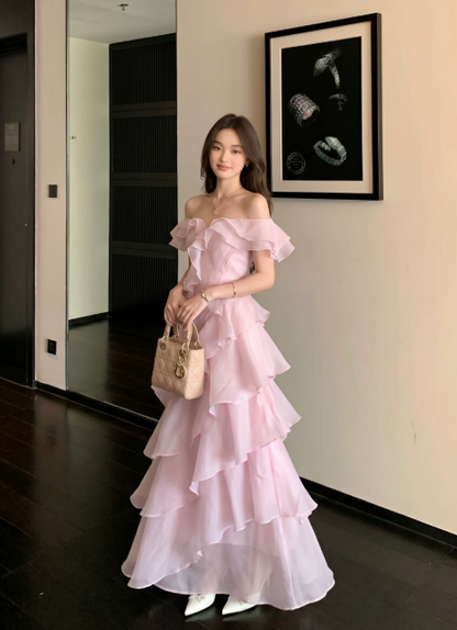 Fairy Sweetheart A-Line Long Evening Dress Chiffon Pink Prom Dress DP06093
