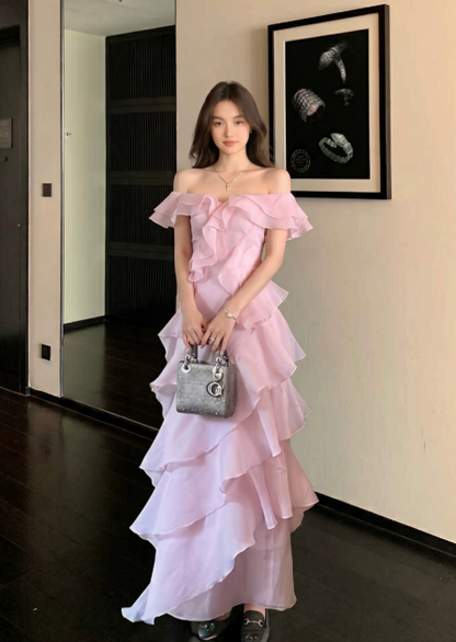 Fairy Sweetheart A-Line Long Evening Dress Chiffon Pink Prom Dress DP06093