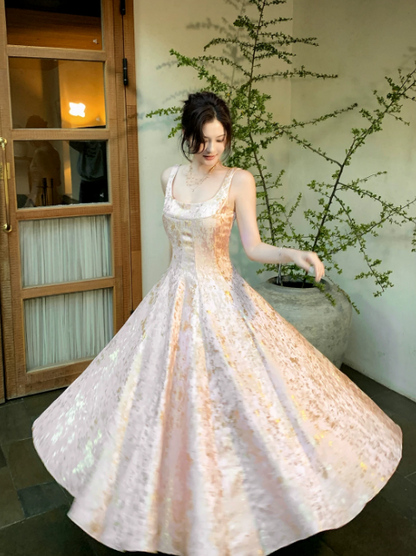 Fairy Straps A-Line Long Evening Dress Satin Pink Prom Dress  DP06094