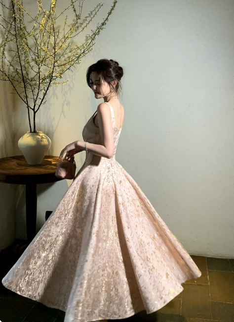 Fairy Straps A-Line Long Evening Dress Satin Pink Prom Dress  DP06094