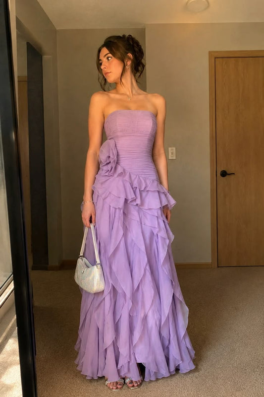 Glamouröses trägerloses Etuikleid aus Chiffon, langes Abendkleid, violettes Ballkleid DP06102