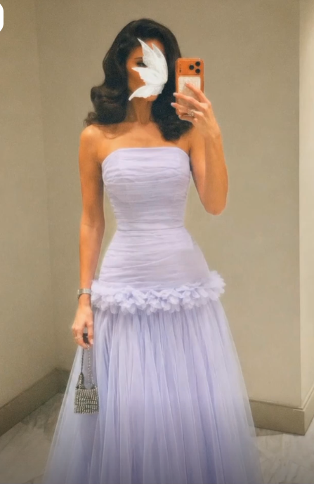 Robe de soirée longue trapèze en mousseline sans bretelles glamour, robe de bal violette DP06103
