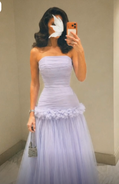 Robe de soirée longue trapèze en mousseline sans bretelles glamour, robe de bal violette DP06103