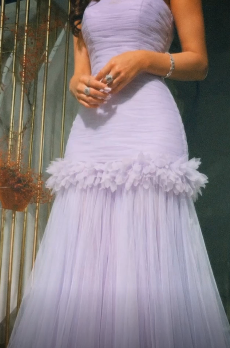Robe de soirée longue trapèze en mousseline sans bretelles glamour, robe de bal violette DP06103