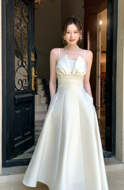 Glam Spaghetti Straps A-Line Satin Long Evening Dress White Prom Dress DP06105